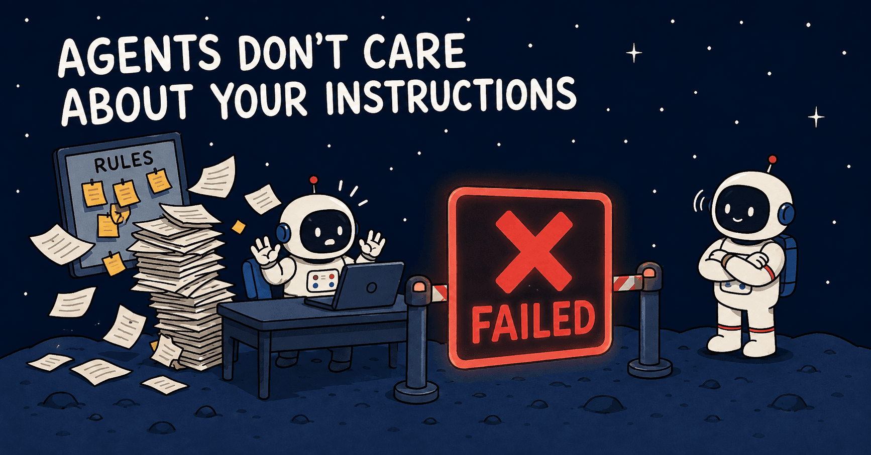 Cartoon: a robot at a laptop throws its hands up as a pile of papers labelled RULES topples over ignored, while a glowing red FAILED sign blocks its path and an astronaut watches with arms crossed.